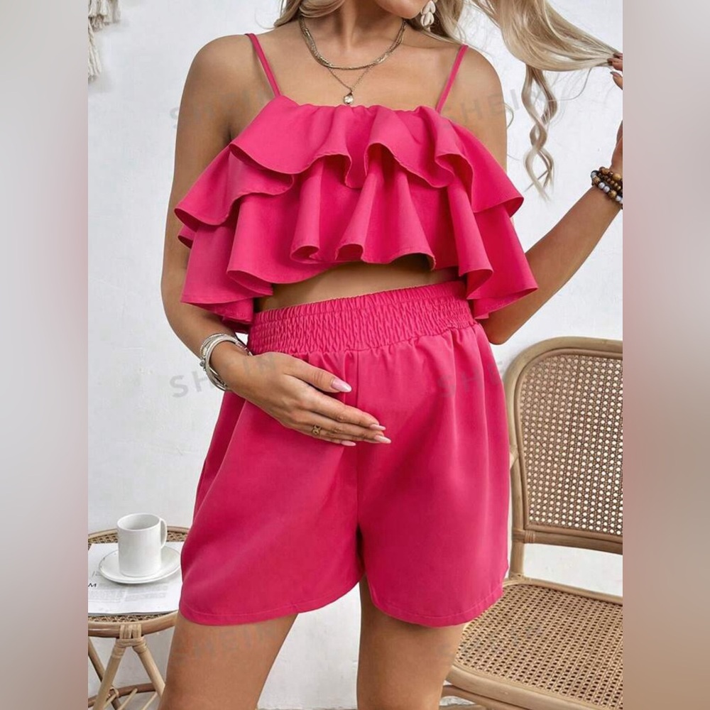 Maternity Solid Color Ruffle Trim Cami & Shorts 2pcs Set - no tag, UNUSED